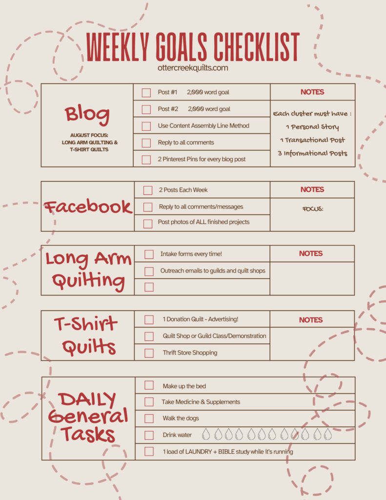 Weekly Goals Checklist created by Diane Kelley, Owner of Otter Creek Quilts